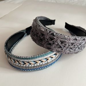 Headbands pair (1) gray mesh floral pattern (2) blue peach beaded pattern